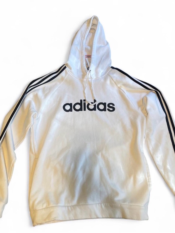 Adidas White Hoodie With Black Tag And Striped Neck Trim